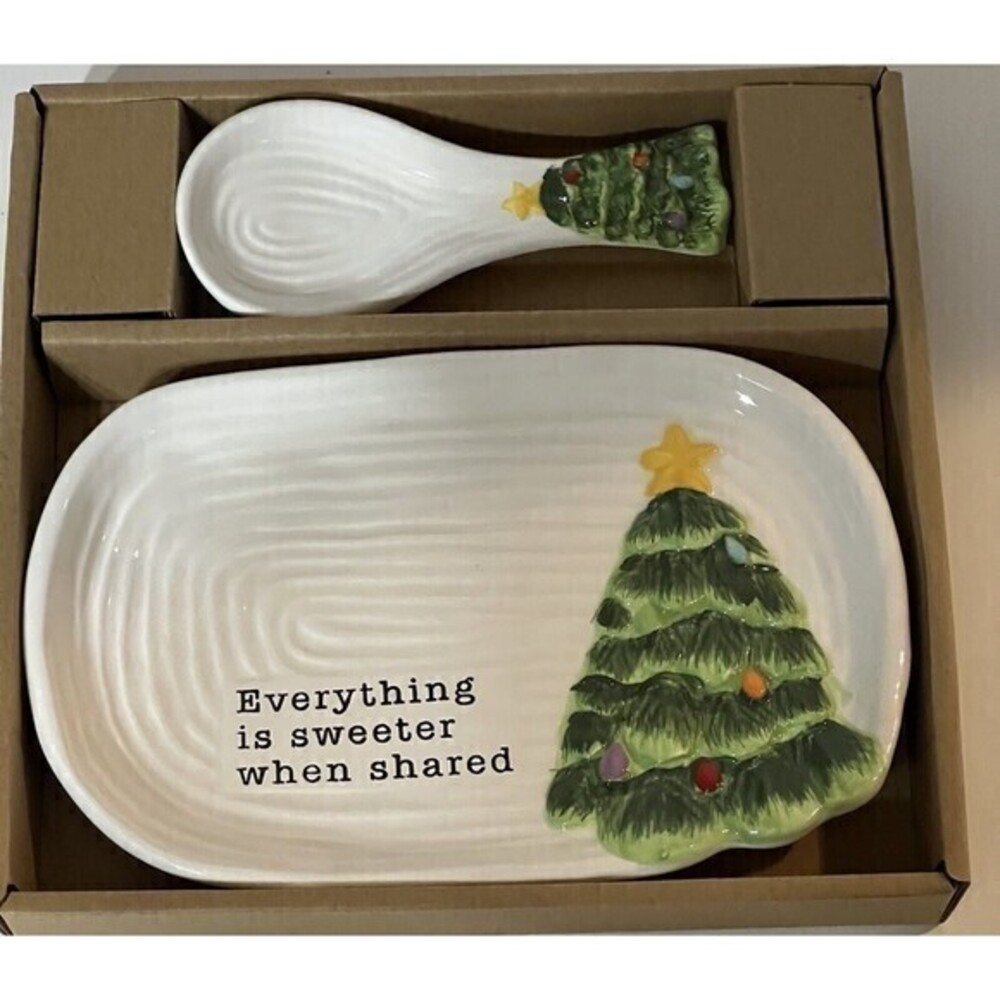Christmas Tree Candy Dish With Spoon Ceramic 6.5” NEW​